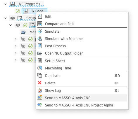 Send to MASSO commands in the NC Programs context menu